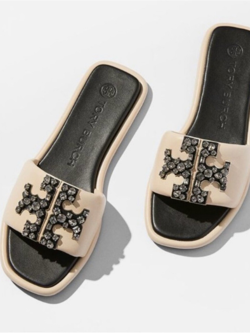 Tory Burch Leather Crystal-Logo Slide Sandals